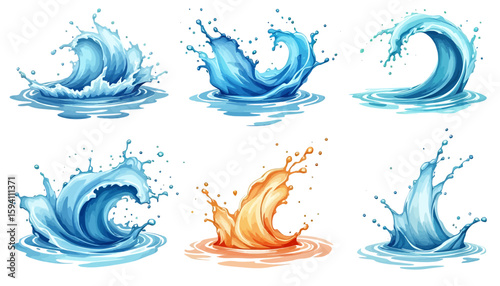 A vibrant vector illustration showcasing a collection of dynamic water splash elements, perfect for adding a refreshing touch to various creative projects and designs with a transparent background.