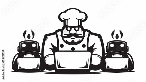 Chef with mustache and glasses standing with two robots holding bowls in black and white illustration silhouette