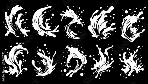 Dynamic white water splashes captured in a vector graphic format, perfect for design elements and visual effects on a dark background.