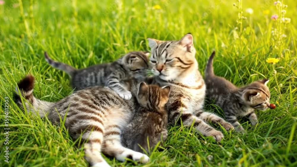 Cat lying in grass with three kittens one licking her head Cat lying in grass with three kittens one licking her head