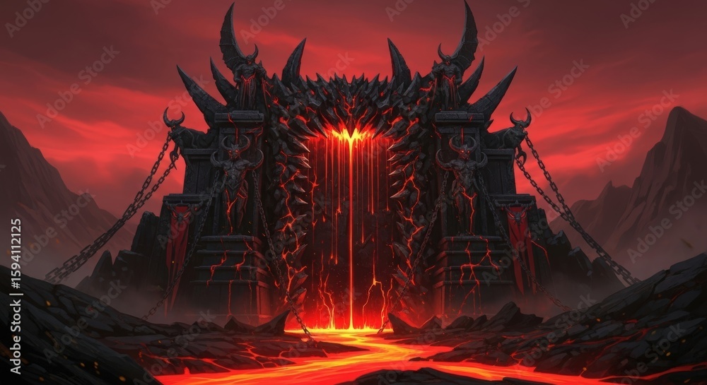 Fototapeta premium Dark Lava Fortress with Fiery Entrance and Volcanic Landscape at Sunset