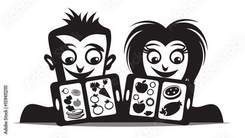 Cartoon man and woman holding up phones displaying food icons in black and white illustration style art silhouette