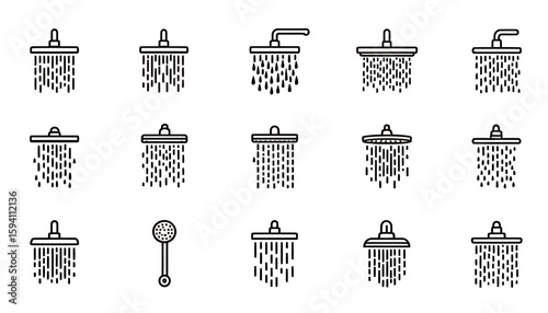 A comprehensive collection of clean vector icons illustrating various shower heads with flowing water, perfect for bathroom design, plumbing, and hygiene.