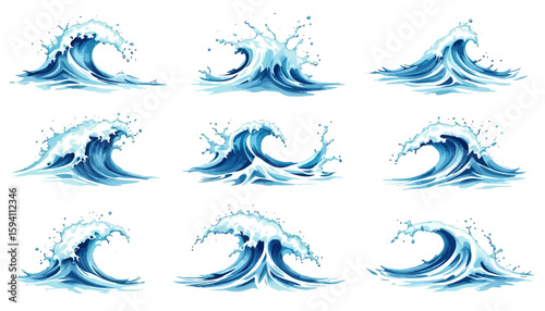 High-quality vector PNG illustrations of various ocean waves with splashes, perfect for website design, branding, or any project needing a water element.  These versatile images offer dynamic,
