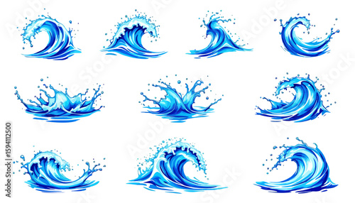 A dynamic collection of vibrant blue water splashes and ocean waves, rendered in a detailed vector style, perfect for various design projects.