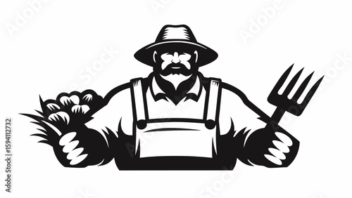 Illustration of a farmer holding cotton and a pitchfork wearing a hat and overalls in black and white silhouette