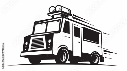 Illustration of a black and white food truck with a detailed grill and lights on top moving fast on road silhouette
