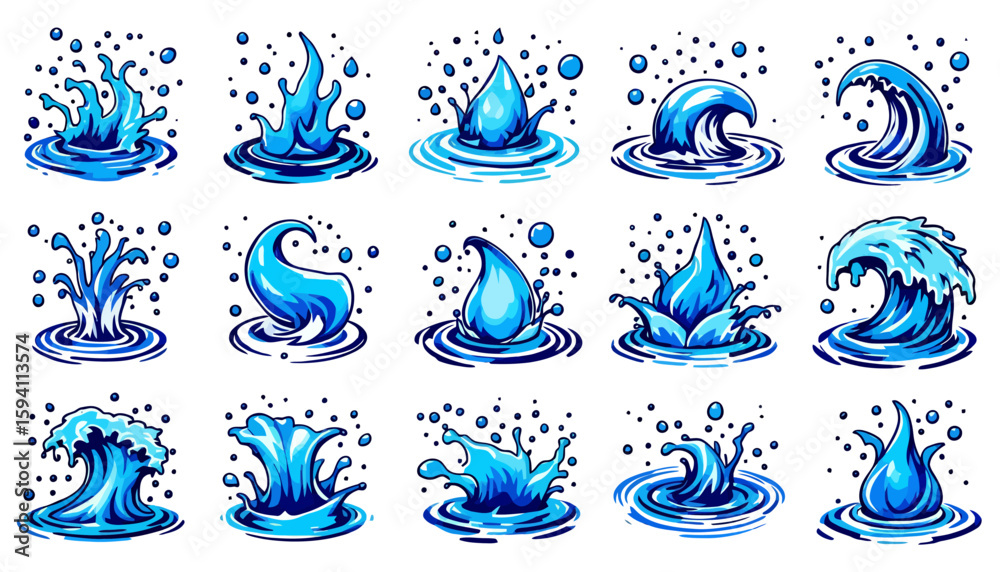 Naklejka premium Dynamic vector illustrations showcasing a collection of water splash elements, perfect for design projects needing a vibrant and refreshing aquatic visual.