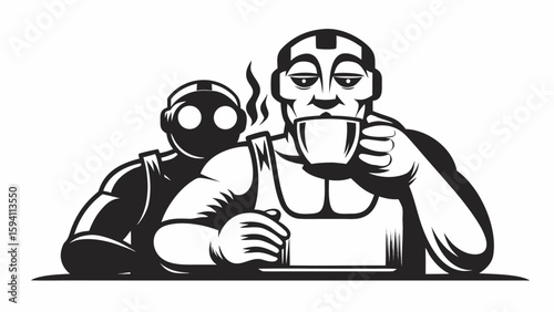 Illustration of a muscular robot drinking coffee with another robot standing behind in black and white style silhouette
