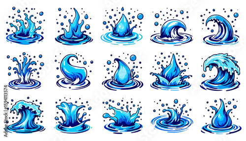 Dynamic vector illustrations showcasing a collection of water splash elements, perfect for design projects needing a vibrant and refreshing aquatic visual.