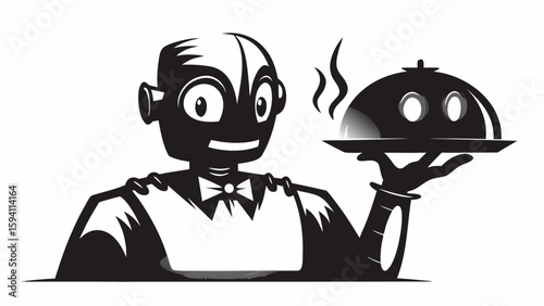 Illustration of a robot waiter holding a covered dish with steam rising in black and white design silhouette