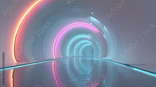 A minimalist tunnel shimmers with reflected neon colors in a futurist corridor of sleek elegance