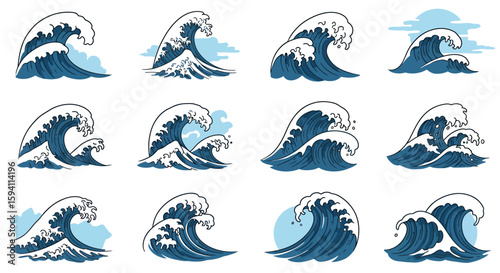 A collection of vector illustrations showcasing various water splash designs, perfect for graphic resources, featuring dynamic ocean waves and a clean, artistic style suitable for diverse creative