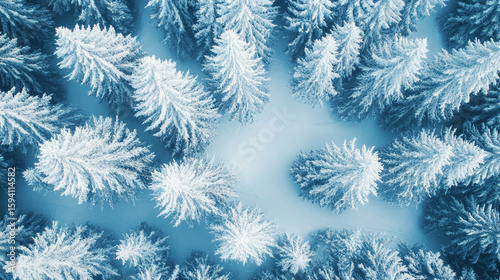 Aerial view of a serene winter landscape blanketed in white and blue snow tones. Trees, fields, and terrain are softly textured by frost, evoking calm, purity, and seasonal stillness.
