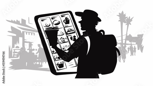 Silhouette of traveler with backpack using a digital device in a tropical tourist destination scene