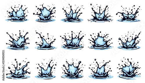 A versatile set of dynamic blue water splash elements, rendered in a clean vector style, perfect for graphic design projects requiring isolated liquid effects.