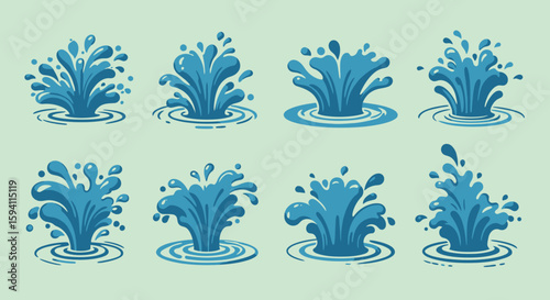 A dynamic collection of eight vector water splashes, each uniquely designed with varying heights and shapes, creating a visually appealing and versatile resource.