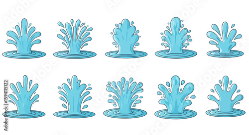 Collection of dynamic blue water splashes and fountains, presented as clean vector graphics with transparent backgrounds for versatile design applications.