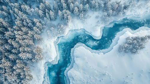 Aerial view of a serene winter landscape blanketed in white and blue snow tones. Trees, fields, and terrain are softly textured by frost, evoking calm, purity, and seasonal stillness.
