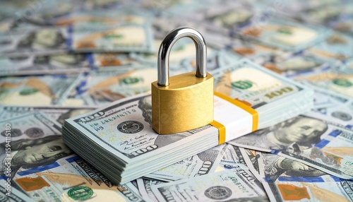 : Stacks of U.S. $100 bills fill the frame, with a golden padlock placed atop the pile—evoking wealth protection, financial security, and the guarded symbolism of assets under lock and key.