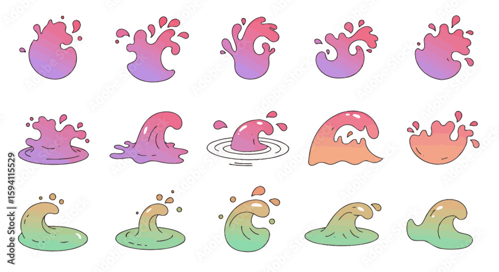 Obraz premium A vibrant vector illustration showcases a collection of colorful water splash designs, perfect for adding dynamic visual elements to any creative project or graphic design.