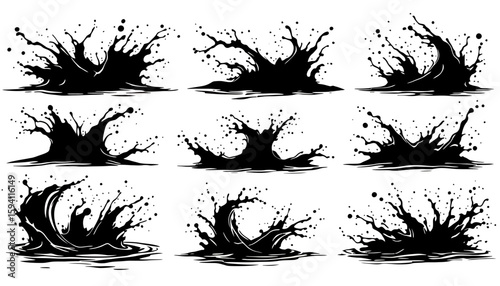 A vector illustration showcases a collection of dynamic water splash designs in a bold black and white style, perfect for creative projects and adding a touch of energy.