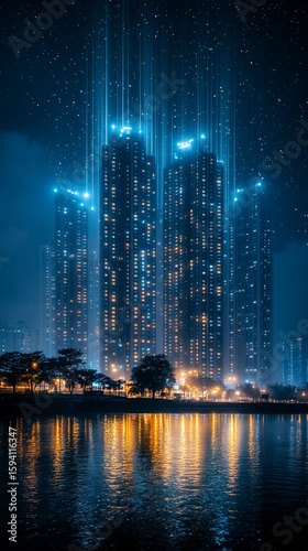 Vertical cityscape with glowing white fiber optic strands linking tall buildings, symbolizing urban connectivity, fast digital communication, and futuristic technology in a modern smart city.
