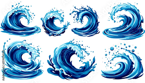A collection of vibrant, digitally illustrated water splash elements in a vector format, perfect for adding dynamic visual appeal to various design projects and creative endeavors.