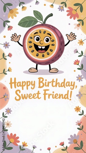 Cute Passion Fruit Birthday Card , Funny Passion Fruit Greeting Card for Friend , Passion Fruit Cartoon Birthday Card Printable