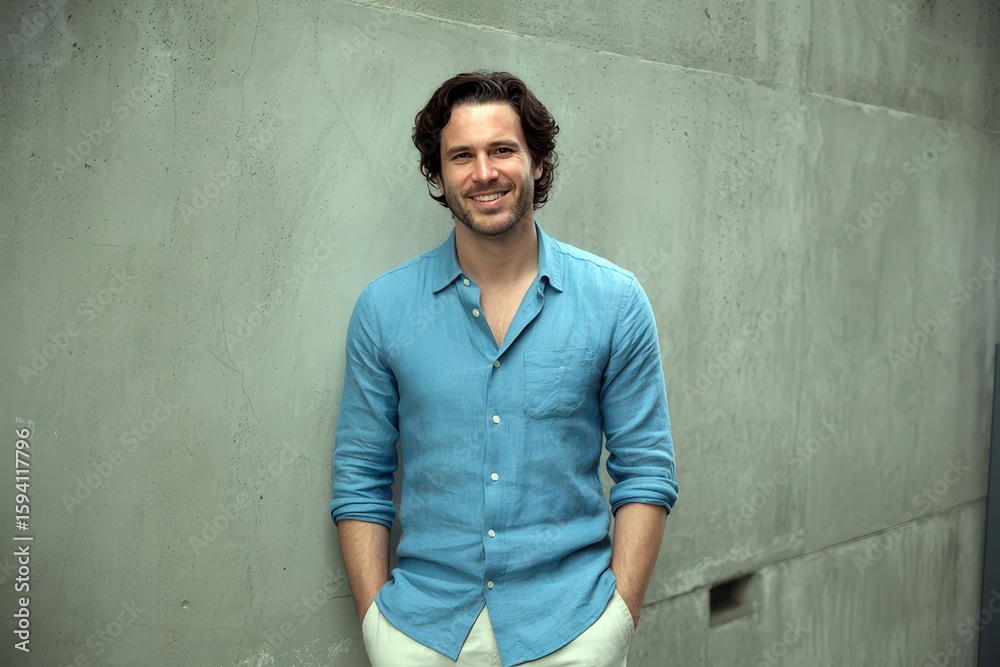 Obraz premium A smiling man in a blue linen shirt stands against a grey wall
