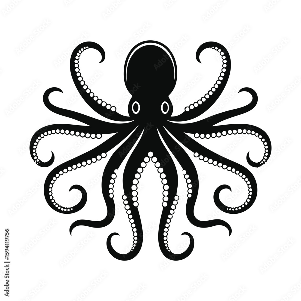 Octopus Silhouette Vector – Minimal Black Sea Animal with Curling Tentacles Octopus Silhouette Vector – Minimal Black Sea Animal with Curling Tentacles