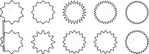 Set of sale sticker, price tag, starburst, quality mark, sunburst badges, retro stars. Circle sticker set. Wavy edge promo. Star burst shape tags for price.