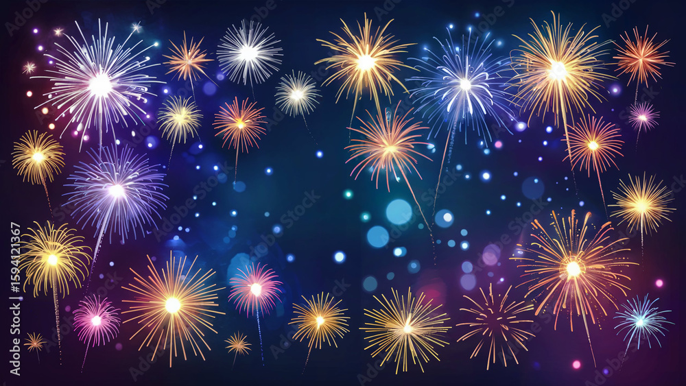Naklejka premium Vibrant and colorful fireworks exploding in a dark night sky creating a festive and celebratory atmosphere with bokeh lights