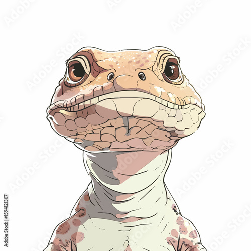 Frontal portrait of a stylized lizard with detailed skin texture and expressive eyes