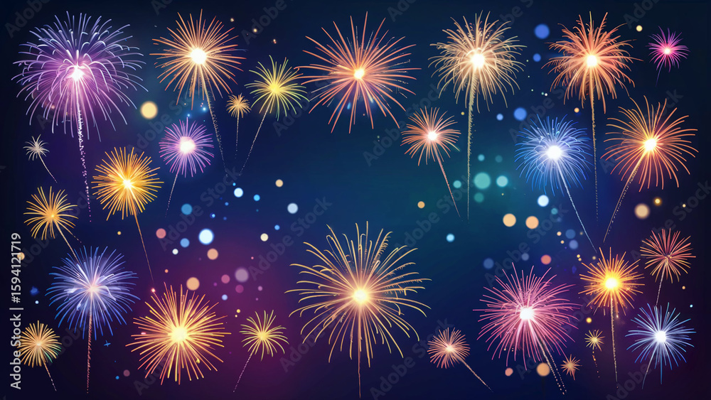 Naklejka premium Vibrant colorful fireworks exploding in a dark night sky creating a festive celebratory atmosphere with sparkling lights