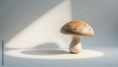 A highly detailed mushroom with a textured cap, standing on a white surface with soft, natural shadows.