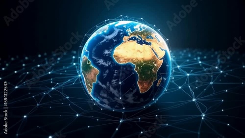 Global connectivity illustrated with a planet Earth surrounded by a network grid with lights, showing North and South America.