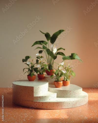 Peach terrazzo floor with terracotta pots on organic platform, tropical foliage under soft studio light, ideal for home decor advertising and product staging visuals. 