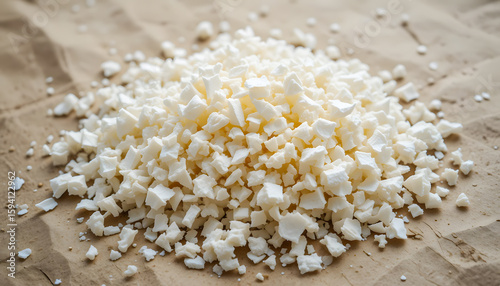 A textured pile of dry, white granular material, possibly recycled plastic or foam, on a rough brown surface.