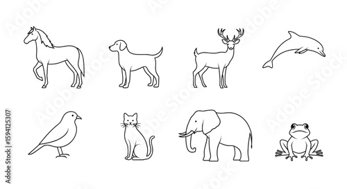 Outlined drawing featuring a horse, dog, deer, dolphin, bird, cat, elephant and a frog in a row format