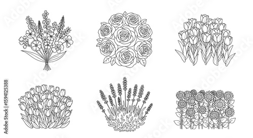 Outlined floral arrangements featuring roses tulips lavender and sunflowers in a botanical illustration