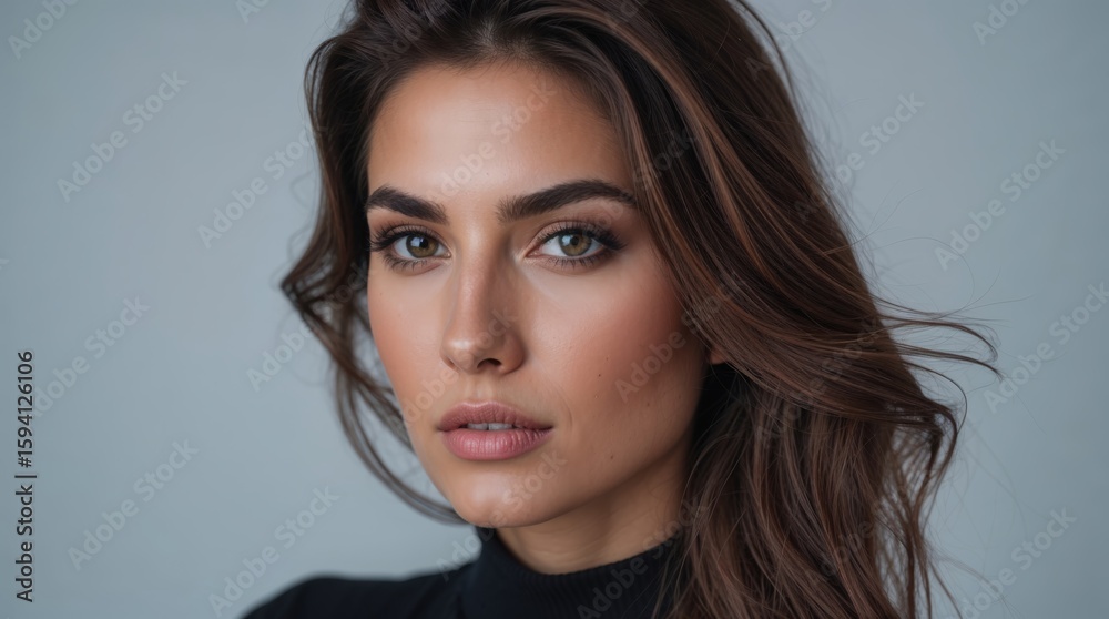 Naklejka premium Closeup fashion face studio portrait of tanned caucasian brunette woman. Fashionable stylish female model with makeup posing on empty background