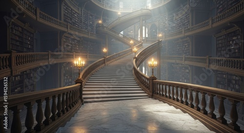 Grand Spiral Staircase in Elegant Library with Warm Lighting and Classic Architecture