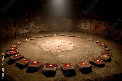 Ancient cave, circle of red lights