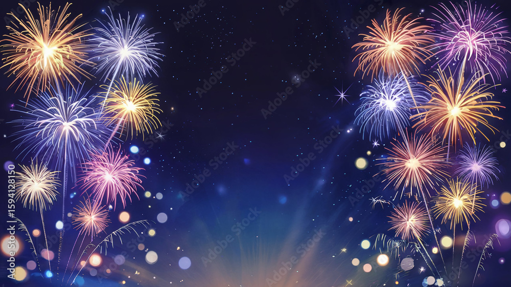 Naklejka premium Vibrant and colorful fireworks illuminate the dark night sky with dazzling bursts of light and bokeh effects