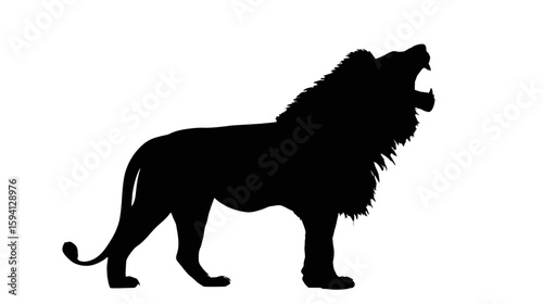 Black Silhouette of a Lion Roaring Powerful Posture on White Background

