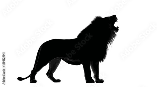 Black Silhouette of a Lion Roaring Powerful Posture on White Background

