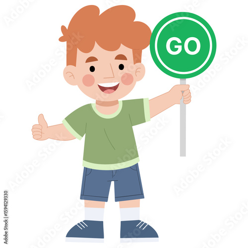Illustration of a small child regulating traffic with road signs