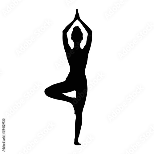 Black Silhouette of Woman in Tree Pose Vrikshasana on White Background

