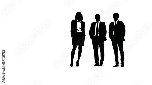 Business Team of Four Standing Side by Side Black Silhouettes on White Background

